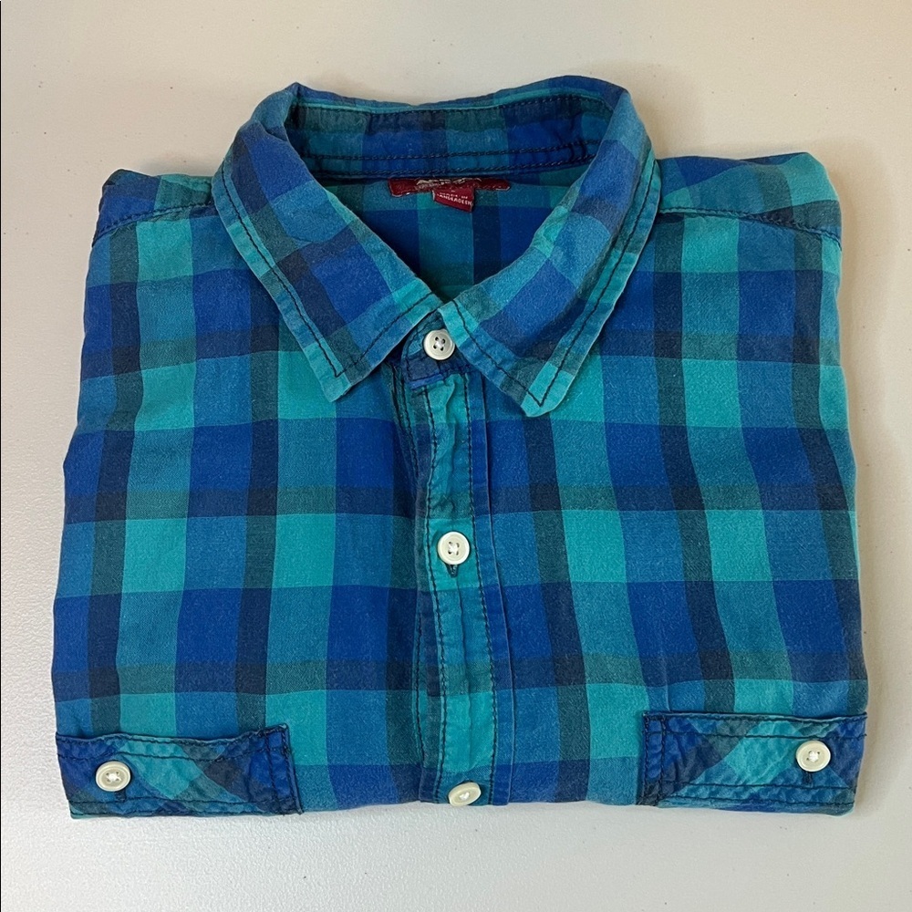 Arizona Jeans 100% Cotton Casual Button Down Blue Plaid Size Large